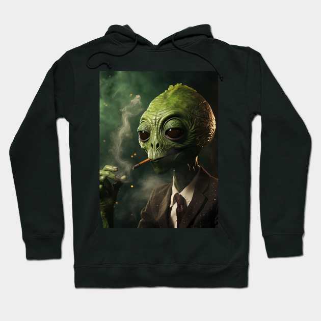 Green Alien Smoking a Cigar Hoodie by Maverick Media